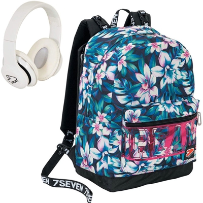 Zaino Scuola Ragazzi Flower The Double Face Reversibile con Cuffie Nero - Seven