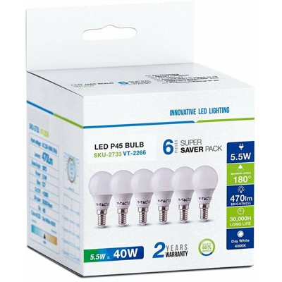 V-tac - 6 PZ Lampada A Led E14 P45 5,5W Bianco Freddo 6400K Forma Bulbo 180 Gradi 220V SKU-2735