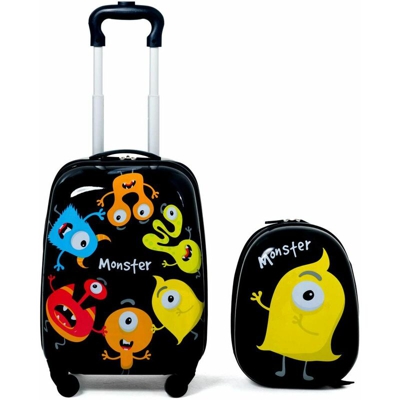 Costway - Set 2 Pezzi Bagagli per Bambini con Disegni di Mostri Trolley Bambini da Viaggio Zaino e Valigia con Ruote Dimensioni Zaino: 25 x 31 cm