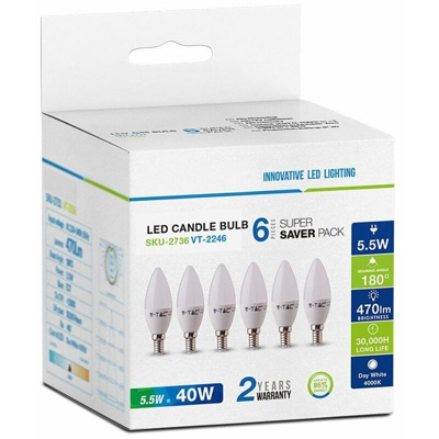 V-tac - 6 PZ Lampada A Led E14 C37 5,5W Bianco Freddo 6400K Forma Goccia Oliva Candela 200 Gradi 220V SKU-2738