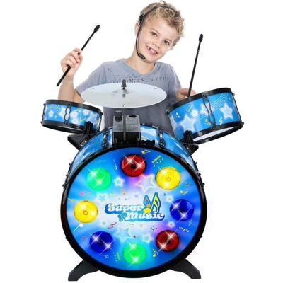 Batteria Musicale Giocattolo Bambini con Cuffie Archetto Sgabello Effetti Luci - EDDY TOYS