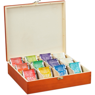 Relaxdays - Scatola Porta Tè & Tisane, 12 Scomparti, Box Organizer in Legno per Bustine con Coperchio Salva-Aroma, Ruggine