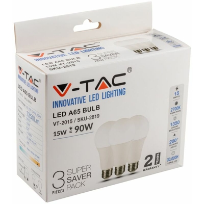 Lampadina LED E27 15W A65 2700K (Box 3 pezzi) - V-TAC