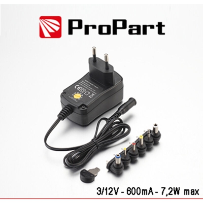 Propart - alimentatore universale 3-12 volt regolabile 7.2 watt 0,60A 220-240 volt CE nero lif peav312v600