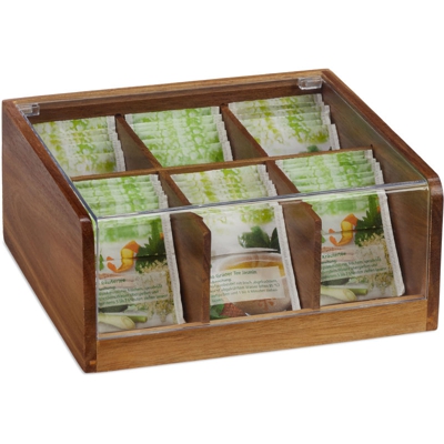 Scatola Porta Tè e Tisane, 90 Bustine, Organizer con Coperchio, Salva-Aroma, HLP 9,5x22x20,5 cm,legno naturale - RELAXDAYS
