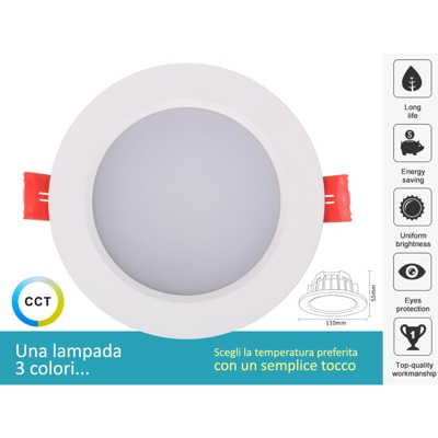 FP210CCT Lampada Faretto Led Da Incasso 10W CCT Dimmerabile Triac Dimmer 2700K 4000K 6000K 3 In 1 Diametro 110mm Carcassa Bianca - Ledlux