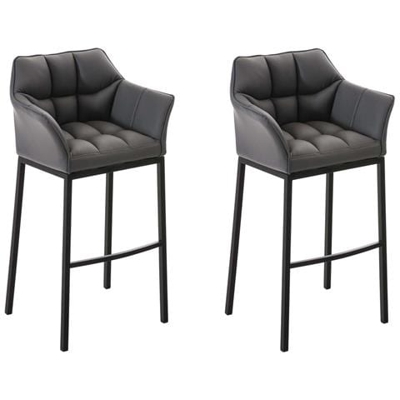 Set 2 Sgabelli Bar Damaso in Similpelle I Sgabelli Alti Design Trapuntati 4 Gambe con Braccioli Imbottiti E Poggiapiedi Grigio Nero