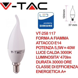 Lampadina LED V-TAC Chip Samsung E14 5,5W Candela a Fiamma 3000K en oferta