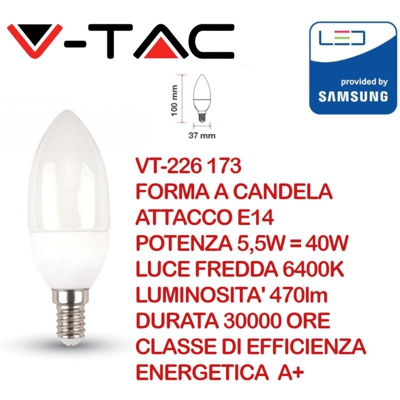 Lampadina LED Chip Samsung E14 5,5W Candela 6400K - V-tac