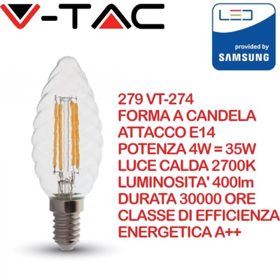 VT-274 Lampada chip led samsung filament 4W E14 candela tortiglione Twist bianco caldo 2700K - SKU 279 - V-tac
