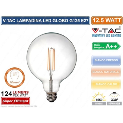 lampadina led a filamento globo g125 12,5 watt 20000 ore 220-240 volt 300° CE E27 bianco naturale no trasparente tec 637831 - V-TAC