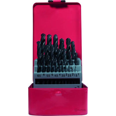 KLASS - SERIE 25 PUNTE ELICOIDALI HSS DA MM 1 AL 13 - DIN 338 in contenitore di metallo rullate nere