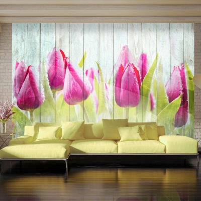 Artgeist - Fotomurale - Tulipani su un legno bianco 350x245