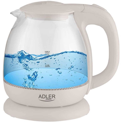Bollitore Elettrico Caraffa in Vetro 1 Litro 1100W Acqua Calda Cordless Beige - ADLER