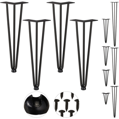 Relaxdays - Hairpin Legs, Set da 4, 3 Aste, Metallo, Gamba Tavolo a Forcella, Sgabello Tavolo e Armadio, Alte 40 cm , Nero