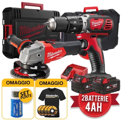 Milwaukee Kit utensili a batteria 18V - Trapano M18 BPD-402C + Smerigliatrice CAG115X, 2 x 4Ah - NON APPLICABILE