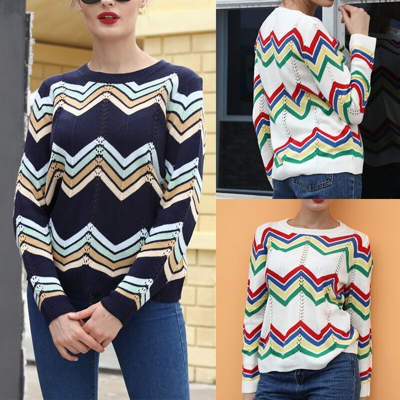 Maglione da donna maglione lavorato a maglia girocollo manica lunga colore motivo a zigzag pullover con dettagli vuoti bianco L (T4081 #) - ASUPERMALL