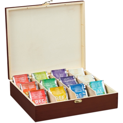 Relaxdays - Scatola Porta Tè & Tisane, 12 Scomparti per Bustine & Capsule del Caffè, Cofanetto con Coperchio, Marrone