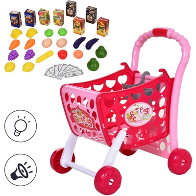 Homcom Carrello Giocattolo per Bambini +3 Anni con 38 Accessori Inclusi, Suoni e Luci Divertenti, Rosa, 41.5x33.5x48.5cm