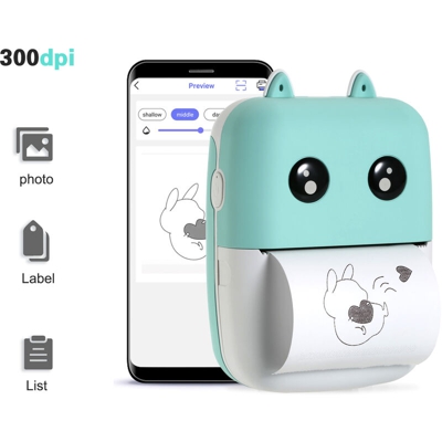 Aibecy - Stampante termica tascabile 300 dpi Connessione Bluetooth con 1 rotolo di carta da stampa verde (batteria al litio incorporata)