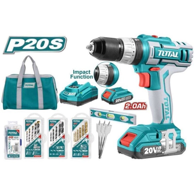Total - Kit Trapano a Percussione 20V 2 Batterie 2.0 Ah 42 Accessori Punte e Borsa