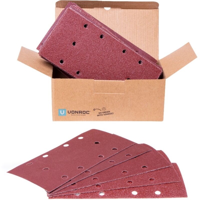 Set 50 pezzi carta abrasiva 92x187mm. Per levigatrici orbitali. Chiusura in velcro. G40, G80, G120, G180 e G240 - Vonroc