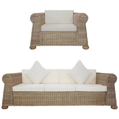 Set Di Divani 2 Pz Con Cuscini In Rattan Naturale