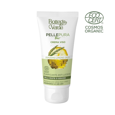 Pelle pura bio - Crema facial antibrillos, purificante, con extracto de Jengibre ecológico, zumo de Limón ecológico y agua de Cebada ecológica (50 ml)