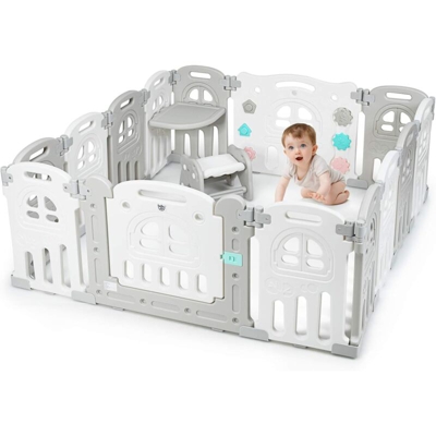 Box per Bambini Recinto di Gioco, Parco Giochi per Bimbi, con Porta Sedia e Tavolino, Ideale per Domestico o Asilo, 14 Pannelli - COSTWAY