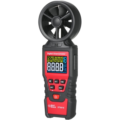 Anemometro digitale portatile con retroilluminazione LCD, campo di misura 0,40 m / s ~ 30,00 m / s, con custodia, rosso (spedito senza batteria)