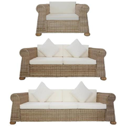 Set Di Divani 3 Pz Con Cuscini In Rattan Naturale en oferta