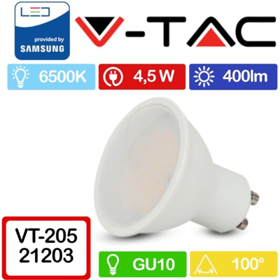 Faretto LED V-TAC Chip Samsung GU10 5W 110° Copertura Satinata 6400K