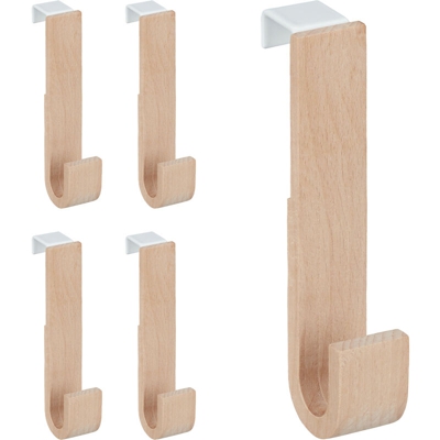 Ganci da Porta, Set 5 Appendiabiti, Legno & Ferro, Porta Accappatoio & Asciugamani, 13x2,5x6, Naturale/Bianco - RELAXDAYS
