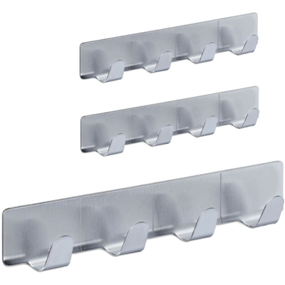 Appendiabiti da Parete, Set 3 Aste Adesive, 4 Ganci Ognuno, Acciaio, Bagno & Cucina, Portasciugamani, Argento - RELAXDAYS