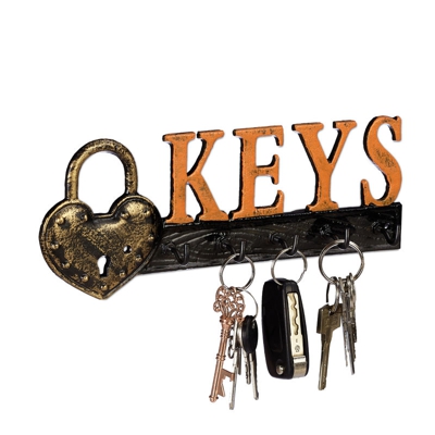 Appendi Chiavi da Parete, 5 Ganci, Lucchetto e Scritta “Keys”, in Ghisa, Vintage, 10x26x3 cm, Arancione/Nero - RELAXDAYS