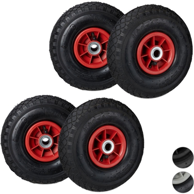 Set da 4 Ruote 3.00-4 per Carriola, ad Aria, 260x85 mm, Cerchione in Plastica, max.80kg, Nero-Rosso - RELAXDAYS