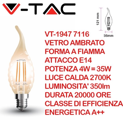 lampadina filo led ambra fiamma 220-240 volt 300° 4 watt A++ CE E14 bianco caldo no tec 609913 - V-TAC