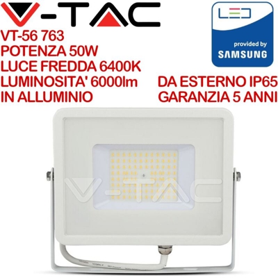 Faro LED SMD Chip Samsung 50W 120Lm/W Colore Bianco 6400K IP65 - V-tac