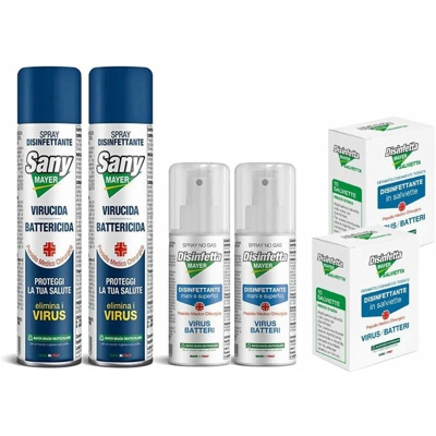Set Completo Disinfettante, Sanymayer Pocket 2x75ml+Disinfetta Mayer Mani e Superfici 2x100ml+Disinfetta Mayer Salvietta 2x10 pz| da Casa, Borsa,