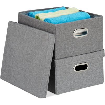 Scatola Portaoggetti con Coperchio, Set Doppio, Cestini Pieghevoli da 25 L l'uno, Box 20,5x34,5x42, Grigio - RELAXDAYS