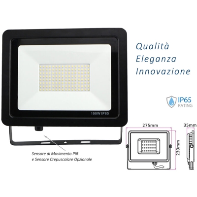 Faro Led Flood Light Slim 100W IP65 Bianco Neutro Carcassa Nera Sensore PIR Opzionale CL1918 - LEDLUX