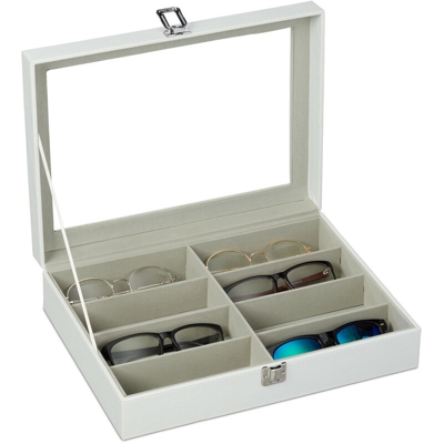 Scatola per 8 Paia di Occhiali, Espositore, Dimensioni HxLxP: 8,5 x 33,5 x 24,5 cm, Box in Similpelle, Bianca - RELAXDAYS