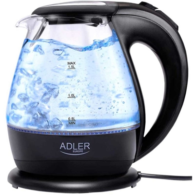 Bollitore Elettrico in Vetro 1,5Lt 2000W Acqua Calda Cordless con Luce LED Blu - ADLER
