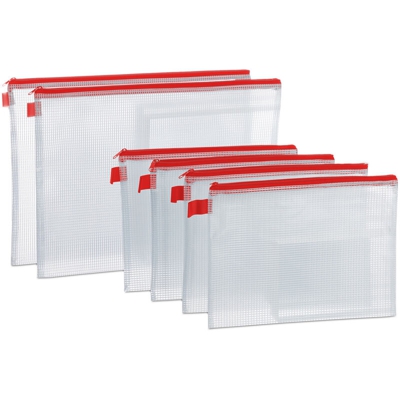 Busta Portadocumenti, Set 6, con Cerniera Lampo, Passante, Bustina da Viaggio per Documenti, PVC, Chiare/Rosse - RELAXDAYS
