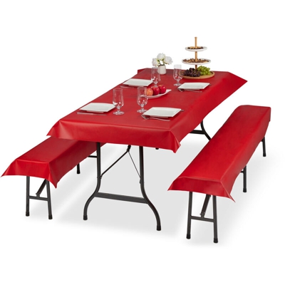 3x Set Tovaglie per Tavoli e Panche da Birreria, Misure LxP 100 x 250 cm, 2 Copri Panca, Lavabili, Rosso - RELAXDAYS