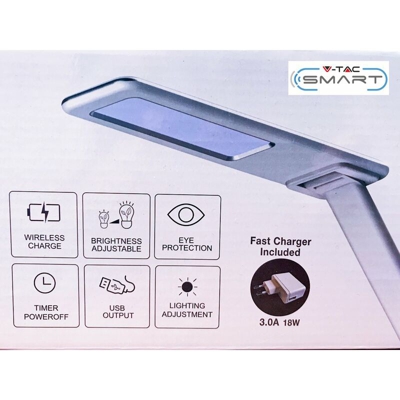 Lampada Led Da Tavolo 5W CCT Dimmerabile Con Caricatore Wireless QI Smartphone Base Rettangolare Corpo Bianco SKU-8601 - V-TAC
