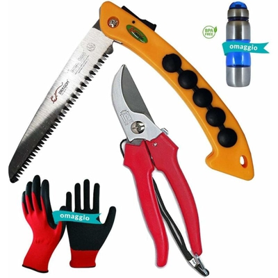 Set Attrezzi da Giardino 4 Pezzi con Sega da Potatura Pieghevole 18 cm+Cesoia da 19 cm+1 Paio di Guanti e 1 Borraccia Sportiva Omaggio|Kit
