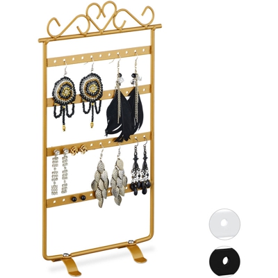 Espositore Porta-Orecchini, Stand per Orecchini a Clip e per Pendenti, in Ferro, HLP 30,5x16,5x6,5 cm, Dorato - RELAXDAYS