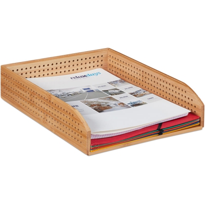 Vaschetta Portadocumenti in Bambù Perforato, Impilabile, Formato A4, Scrivania, Ufficio, HLP 7x25x33 cm, legno - RELAXDAYS