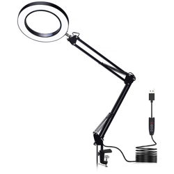 Lente d'ingrandimento USBLED lampada da scrivania 5 volte Lente d'ingrandimento LED 22cm + 22cm braccio lungo retrattile nero - ASUPERMALL en oferta